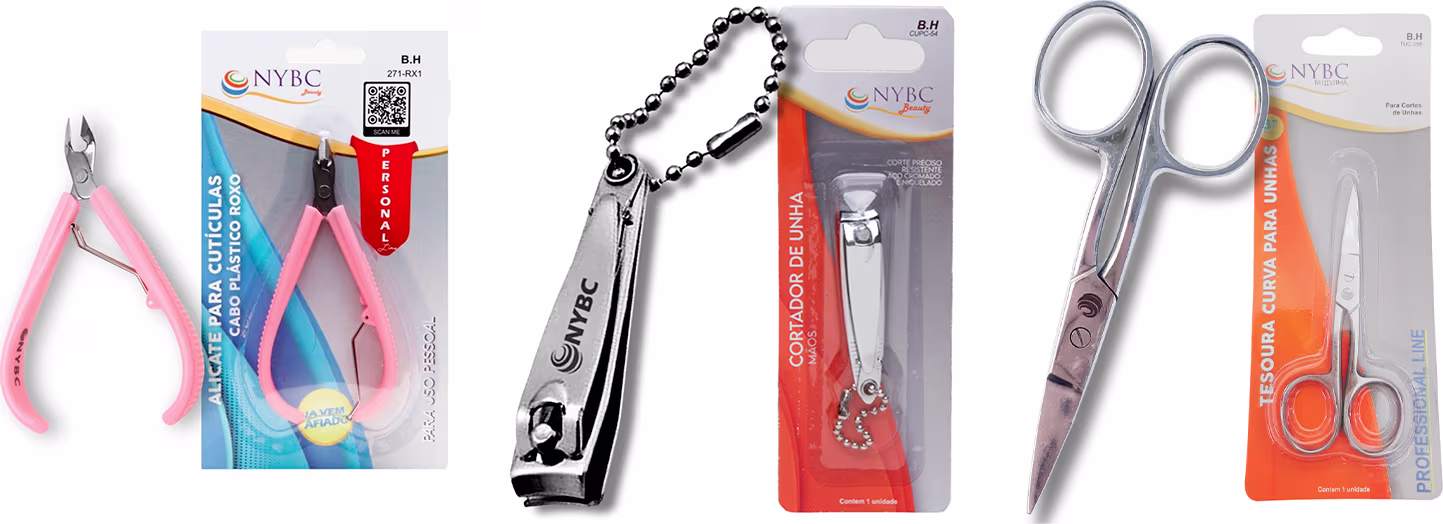 Kit NYBC Beauty Alicate para Cutículas Rosa + Cortador de Unha + Tesoura Reta, 3 produtos.