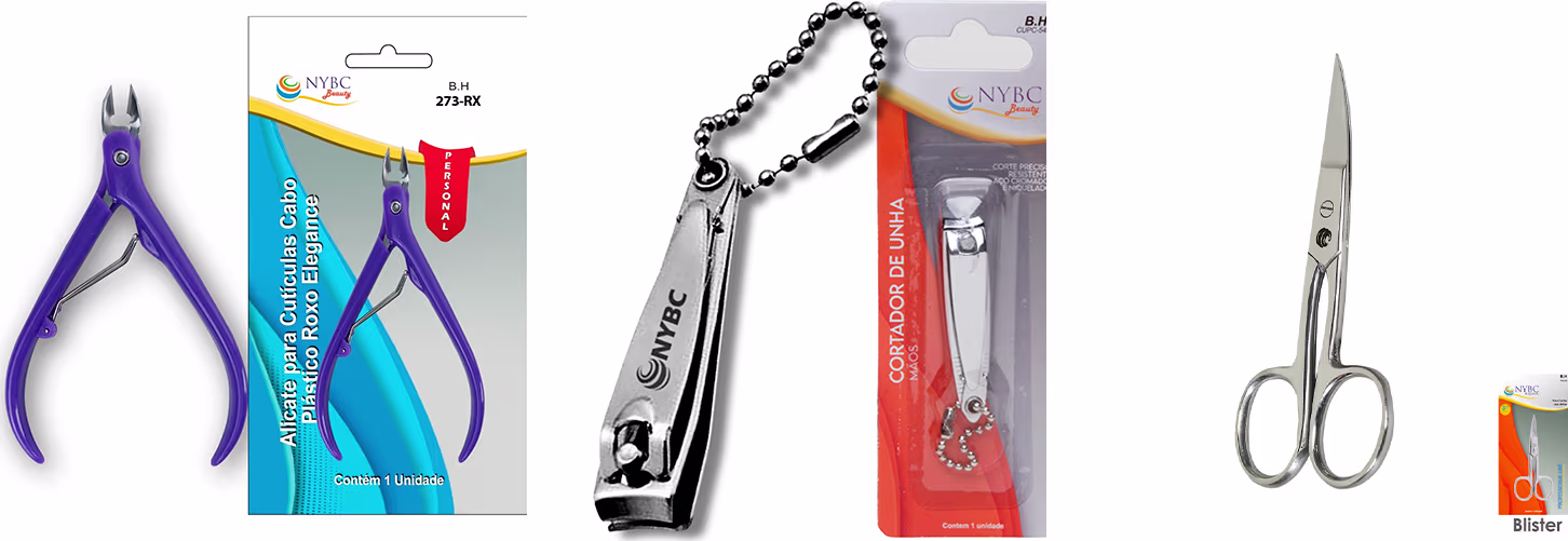 Kit NYBC Beauty Alicate para Cutículas Roxo + Cortador de Unha + Tesoura Curva, 3 produtos.