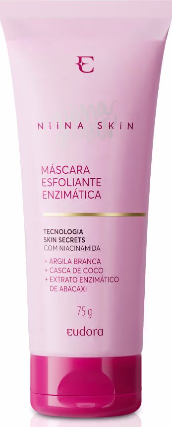 Máscara esfoliante enzimática da linha Niina Skin, em embalagem rosa do tipo bisnaga com detalhes dourados, contendo informações sobre os ingredientes e tecnologia utilizados no produto, tampa na parte inferior.