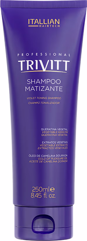 Condicionador matizante da linha Trivitt da marca Itallian Hairtech. O rótulo indica que é um "Condicionador Matizante" com a descrição "Violet Toning Conditioning Cream" e lista os principais ingredientes, como queratina vegetal e óleo de camelia.