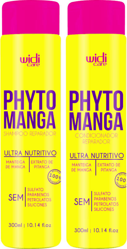 São dois frascos de shampoo e condicionador de 300ml cada, com embalagens cilíndricas amarelas e tampas rosa.