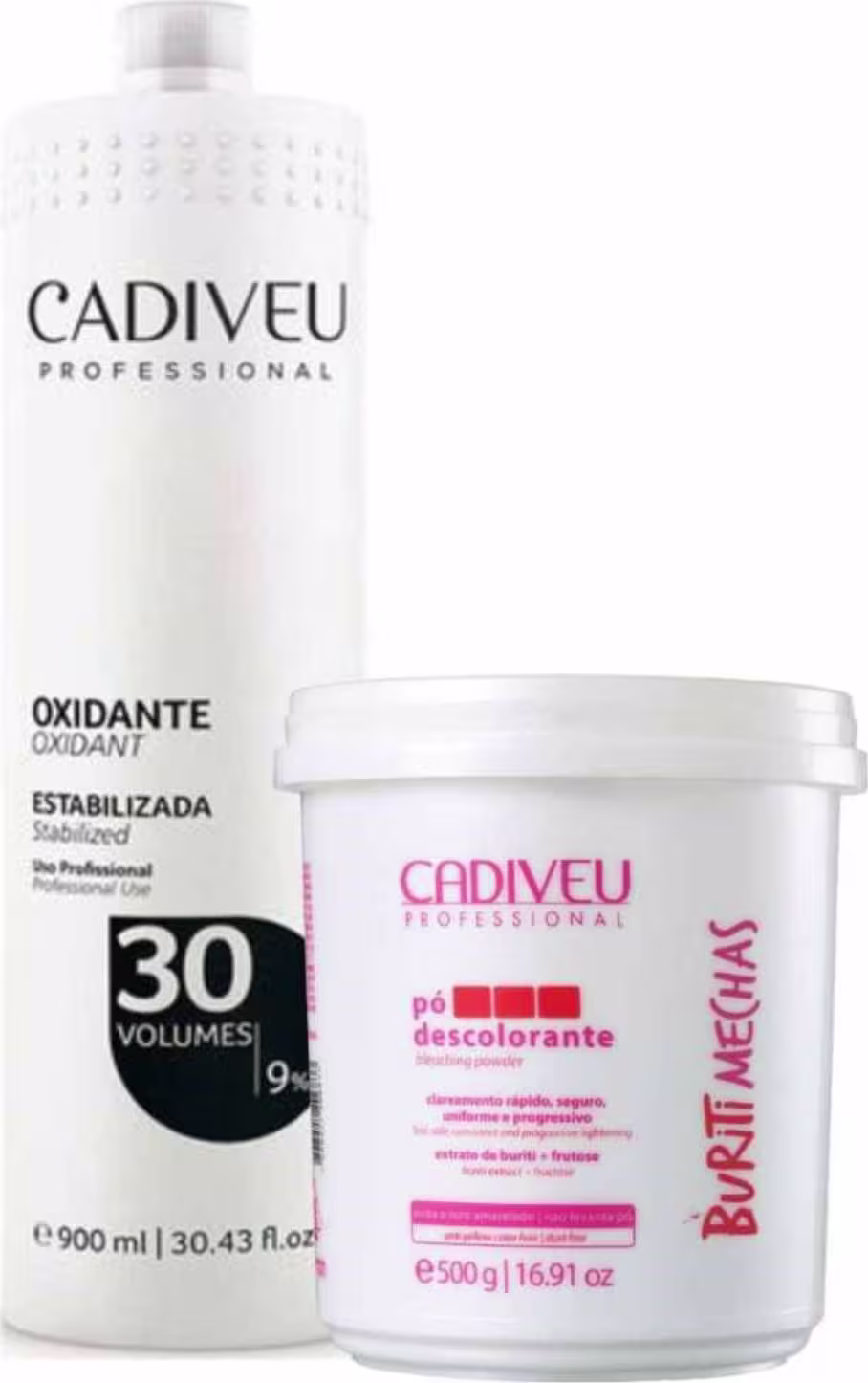 O produto é um kit para descoloração de cabelos da marca Cadiveu Professional. Inclui um frasco plástico branco de 900ml contendo oxidante estabilizada com 30 volumes (9%), e um pote plástico branco de 500g com pó descolorante.