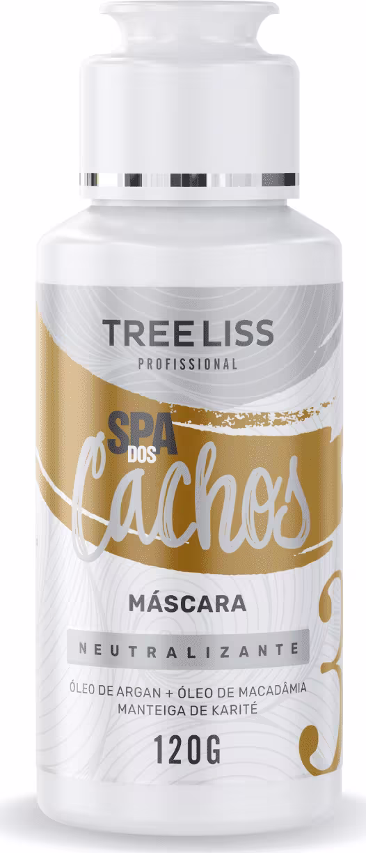 Máscara capilar TreeLiss Profissional "Spa dos Cachos" contendo 120g de produto. Rótulo com fundo dourado e letras brancas, destacando os ingredientes óleo de argan, óleo de macadâmia e manteiga de karité.