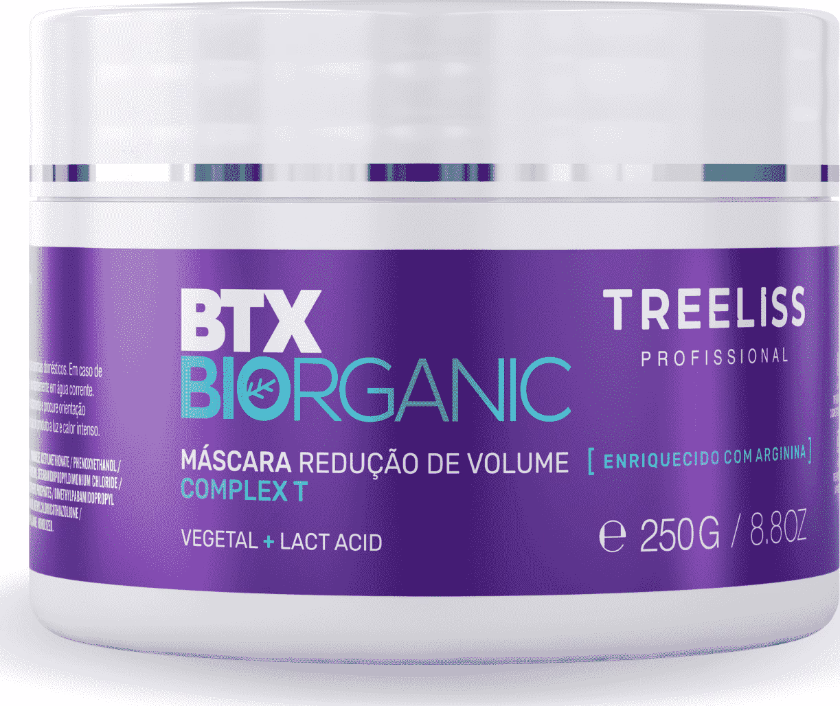 Máscara capilar redutora de volume da linha BTX Biorganic da marca TreeLiss Profissional. Rótulo roxo com detalhes em branco e azul turquesa. Contém 250g/8,8oz. Enriquecida com arginina, vegetal e ácido láctico, conforme indicado no rótulo.