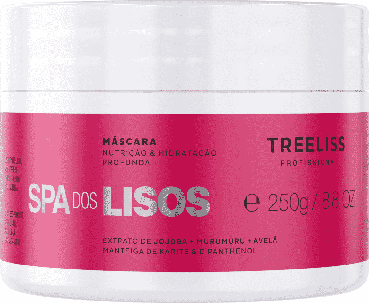 Máscara de tratamento capilar Spa dos Lisos da marca TreeLiss Profissional. Embalagem plástica transparente com tampa branca, contendo 250g/8.8oz de produto. Rótulo vermelho com texto branco "Spa dos Lisos" e detalhes dos ingredientes.