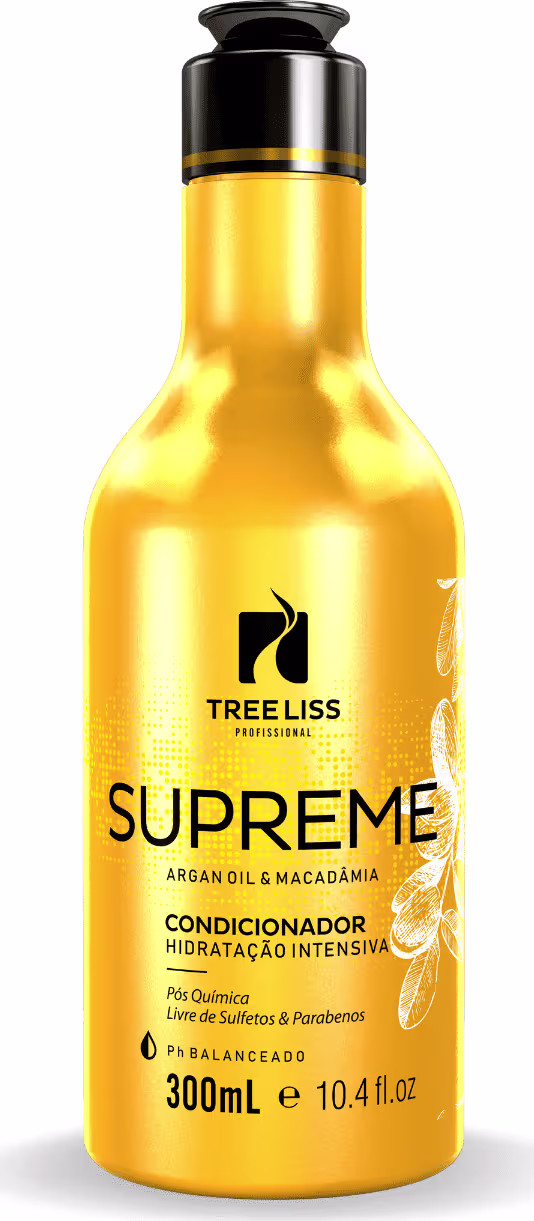 Condicionador hidratação intensiva Supreme da linha TreeLiss Profissional. Embalagem de plástico amarelo brilhante em formato de garrafa de 300ml. Rótulo preto com o logotipo da marca e detalhes do produto.