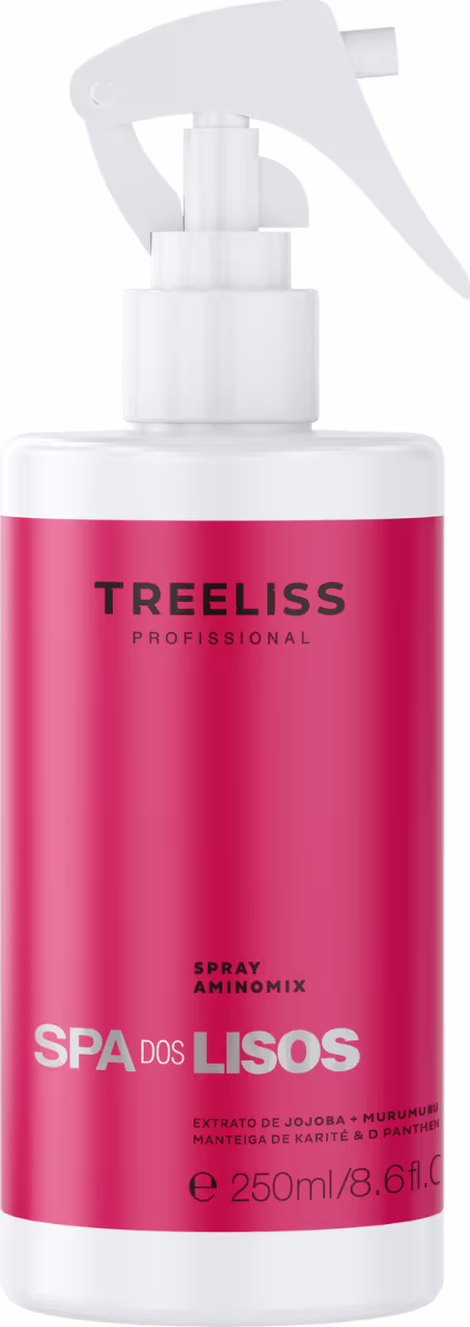 Produto de tratamento capilar Treeliss Profissional. Embalagem spray com tampa borrifadora branca. Corpo vermelho com o logotipo "Treeliss Profissional" e o nome do produto "Spa dos Lisos Spray Aminomix" em letras brancas. Rótulo indicando volume de 250ml