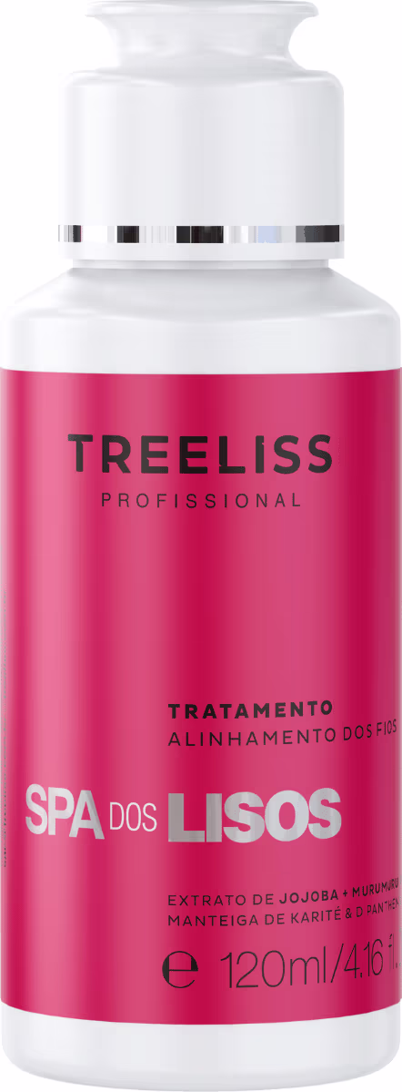 Produto de tratamento capilar da linha TreeLiss Profissional. Frasco cilíndrico de 120ml. Rótulo vermelho com o nome "SPA dos Lisos" em letras brancas maiúsculas, indicando ser um tratamento alisador de cabelos.