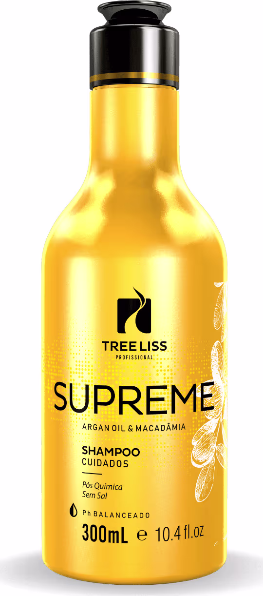 Shampoo em frasco plástico amarelo de 300ml da marca TreeLiss Profissional. O frasco tem formato cilíndrico com tampa preta. Na parte frontal, há o logotipo da marca e o nome do produto "Supreme Argan Oil & Macadamia" escrito em letras pretas.