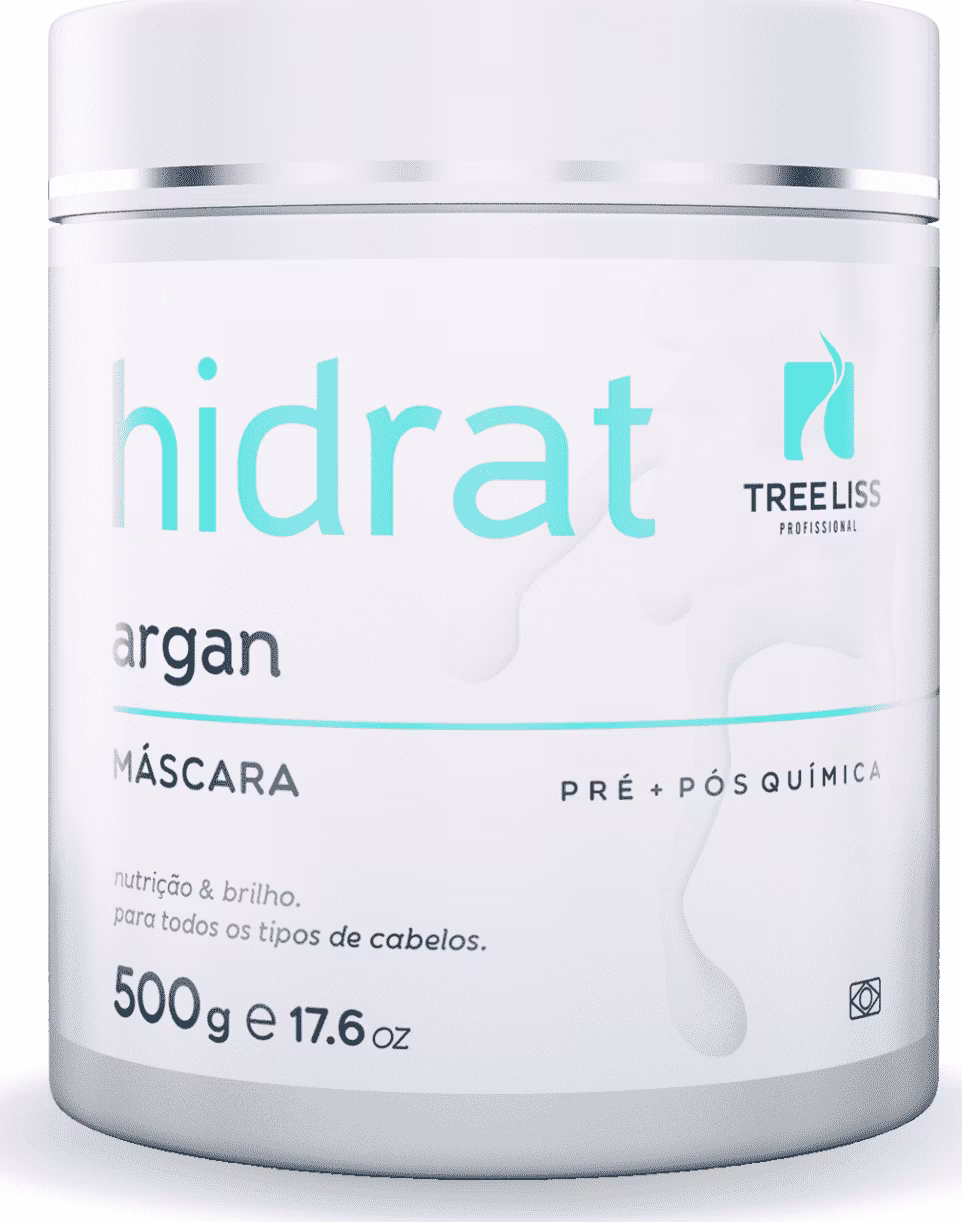 Produto de tratamento capilar Hidrat Argan da linha TreeLiss Profissional. Embalagem plástica branca opaca com tampa de rosca cromada. Rótulo com o nome do produto em letras azuis e brancas.