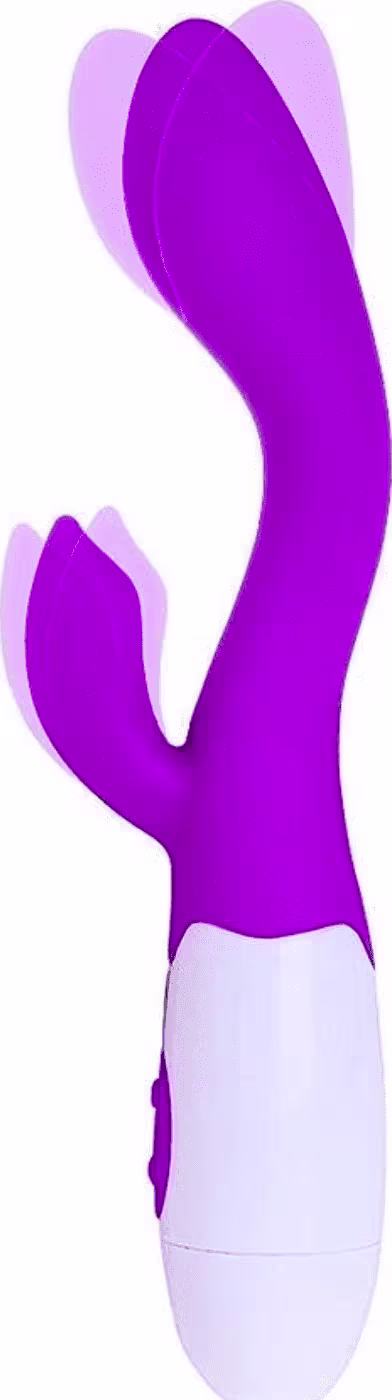 Vibrador de silicone com design ergonômico e curvo, em tons de roxo e branco, com controle de velocidade e função de vibração.