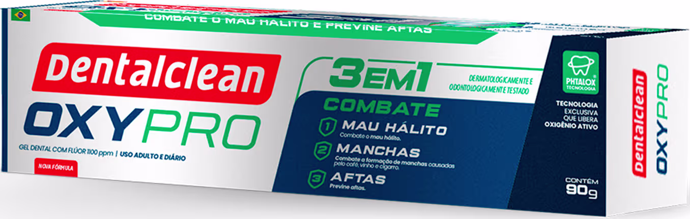 Produto de higiene bucal Dentalclean Oxypro em embalagem retangular. A embalagem é predominantemente branca, azul e verde. Apresenta o logotipo e nome do produto "Dentalclean Oxypro" em letras vermelhas e azuis.