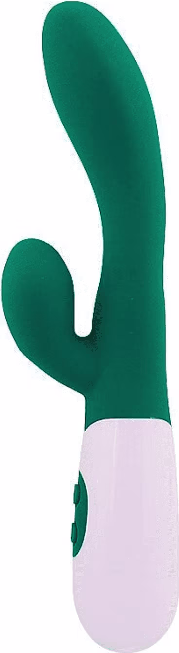Vibrador de silicone verde com design ergonômico e botão de controle. Produto da marca Sexy Import, com acabamento liso e suave.