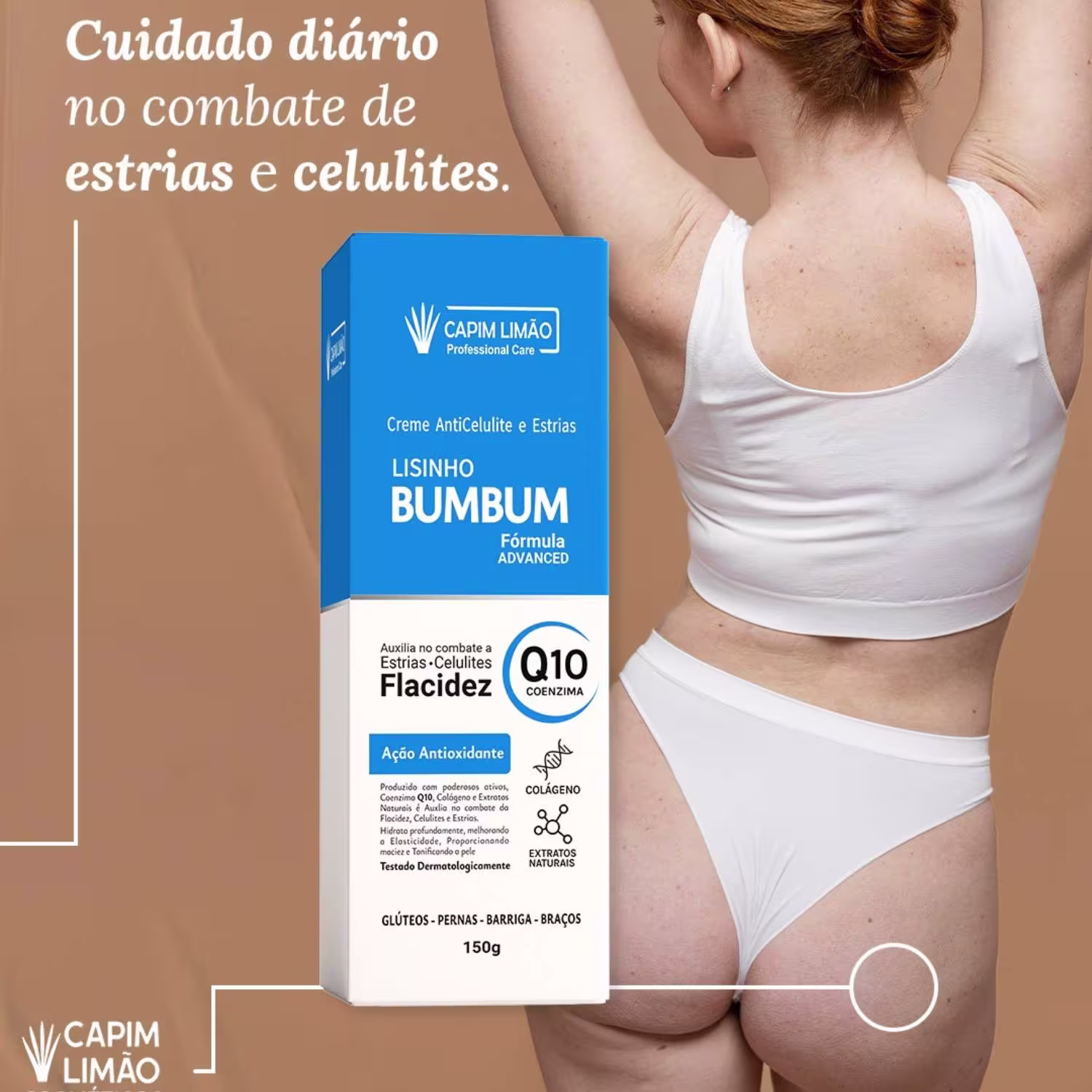 Creme anticelulite e estrias Lisinho Bumbum. Embalagem retangular azul com detalhes em branco.  Peso de 150g. A imagem também mostra parte do corpo de uma mulher vestindo roupas íntimas brancas, com foco na área das coxas e glúteos.
