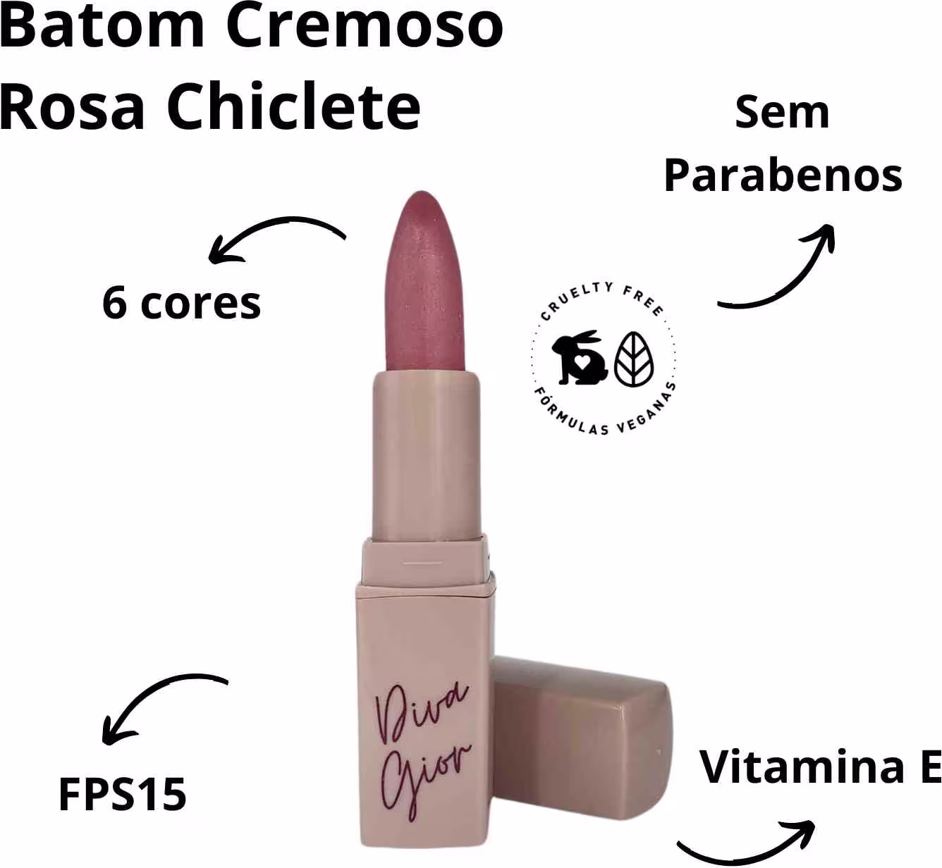 Batom em formato cilíndrico com embalagem de plástico nude. O batom possui uma cor marrom rosada intensa na parte superior. A embalagem tem o logotipo "Diva Gior" escrito em letras cursivas marrons. O produto apresenta um design simples e minimalista.