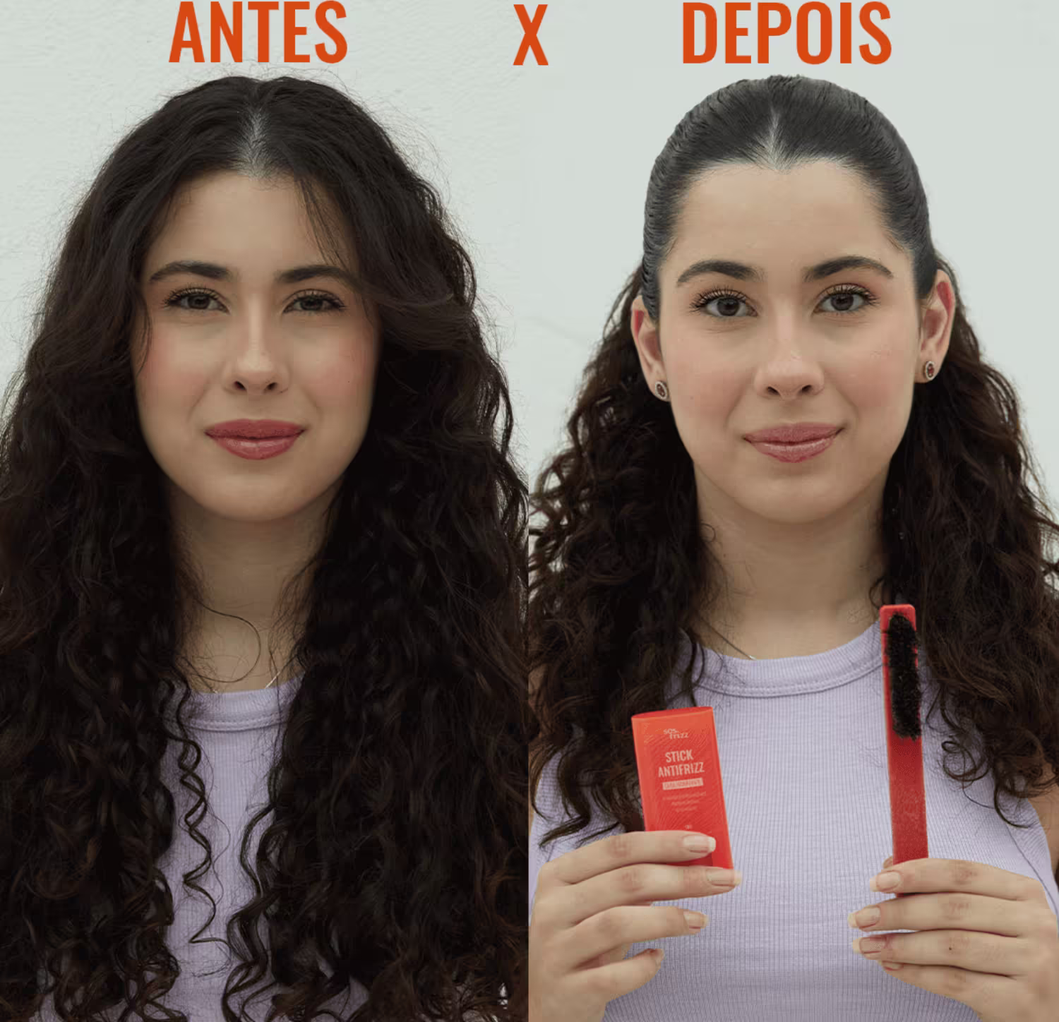 O produto é apresentado em dois momentos diferentes, antes e depois de seu uso, com a mesma pessoa segurando o item. A imagem contrasta o cabelo antes e depois do uso do produto, mostrando uma diferença na textura e no aspecto.