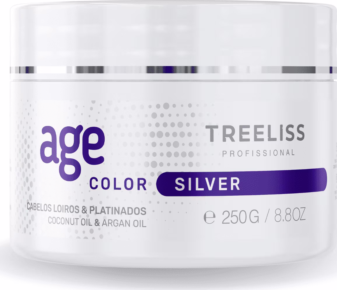 Máscara matizadora para cabelos loiros e platinados da linha TreeLiss Profissional Age Color Silver. Rótulo indicando que contém óleos de coco e argan. Peso de 250g/8.8oz.