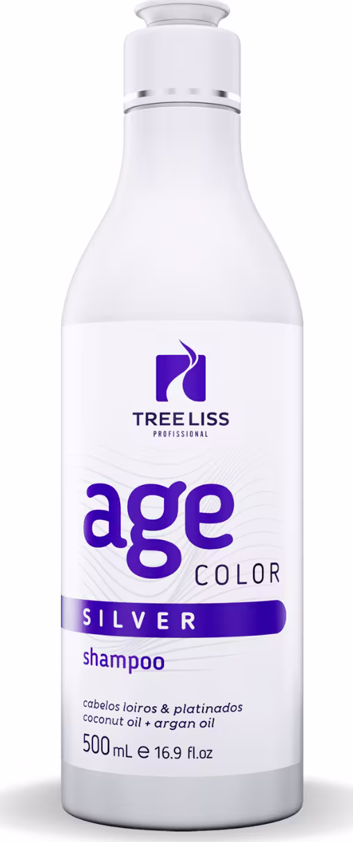 Shampoo Age Color Silver da TreeLiss Profissional. Rótulo com o logotipo da marca TreeLiss e o nome do produto "age color SILVER shampoo" em letras roxas e pretas. Volume de 500ml indicado na embalagem.