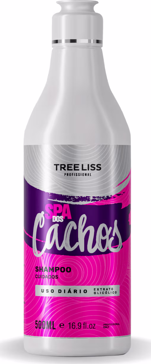 Shampoo da linha "Spa dos Cachos" da marca TreeLiss Profissional. O frasco tem detalhes em branco e tampa branca. O rótulo é predominantemente roxo com detalhes em rosa e branco.