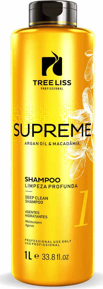 Shampoo profissional Supreme da marca TreeLiss. Embalagem plástica amarela com detalhes em preto. Rótulo indicando que contém óleos de argan e macadâmia. Descrição "Shampoo Limpeza Profunda" e "Deep Clean Shampoo".