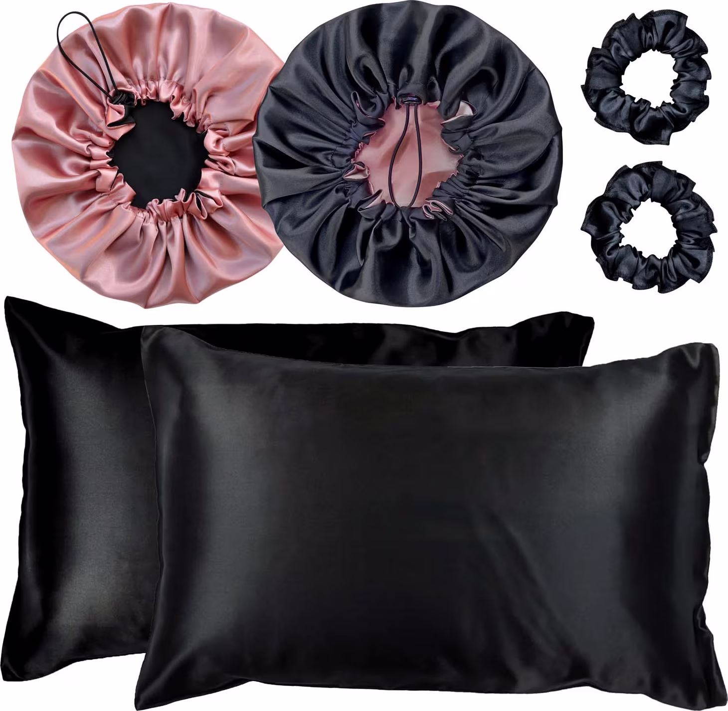 Kit Bemart Fronha Touca e Xuxinhas Cetim Preto e Champagne (6 Produtos)