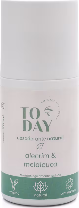 Desodorante natural da marca Today Natural Cosmetics. A embalagem é um frasco plástico branco opaco com detalhes em verde. O rótulo indica que o produto é um desodorante natural com fragrância de alecrim e melaleuca (tea tree).