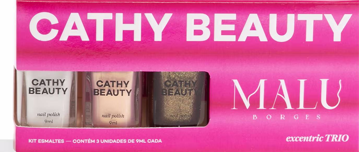 Conjunto de esmaltes Cathy Beauty, contendo 3 unidades de 9ml cada, em embalagem rosa com texto branco "CATHY BEAUTY" e "MALU BORGES excentric TRIO".