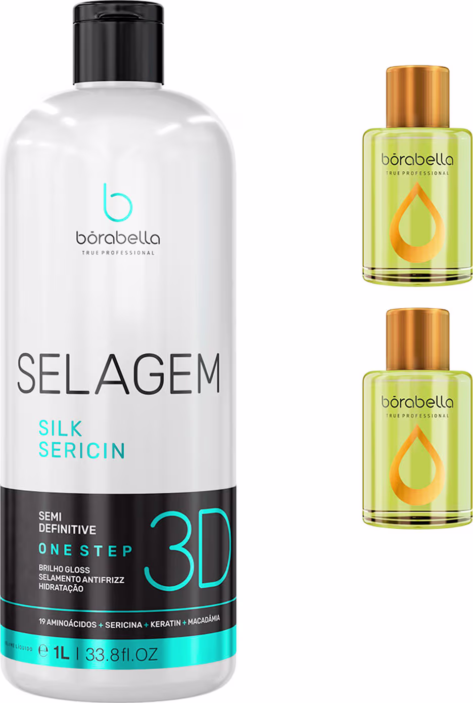 Kit Borabella Selagem Silk Sericin + Óleo de Argan e Macadâmia, 3 produtos.