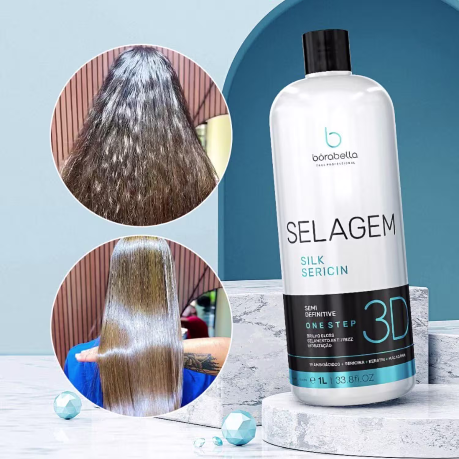 Kit Borabella Selagem Silk Sericin + Óleo de Argan e Macadâmia, 3 produtos.