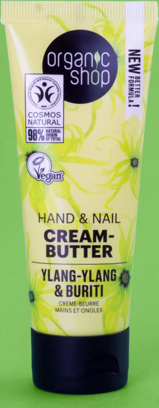 A imagem mostra o creme para mãos em embalagem tubular amarela com detalhes pretos.