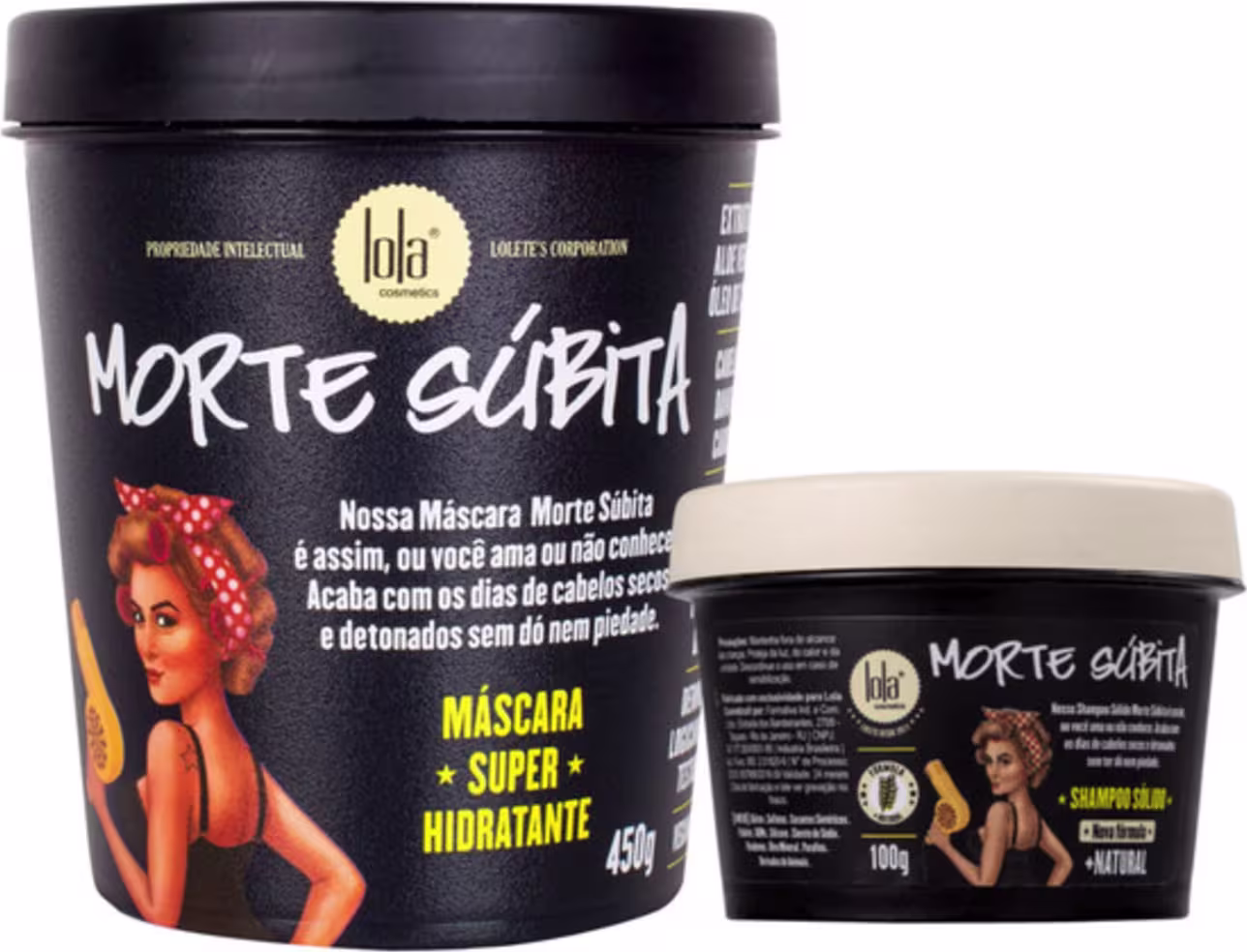Dois produtos da marca Lola From Rio: uma máscara capilar "Morte Súbita" em embalagem preta com detalhes dourados, e um shampoo do mesmo produto em embalagem menor.