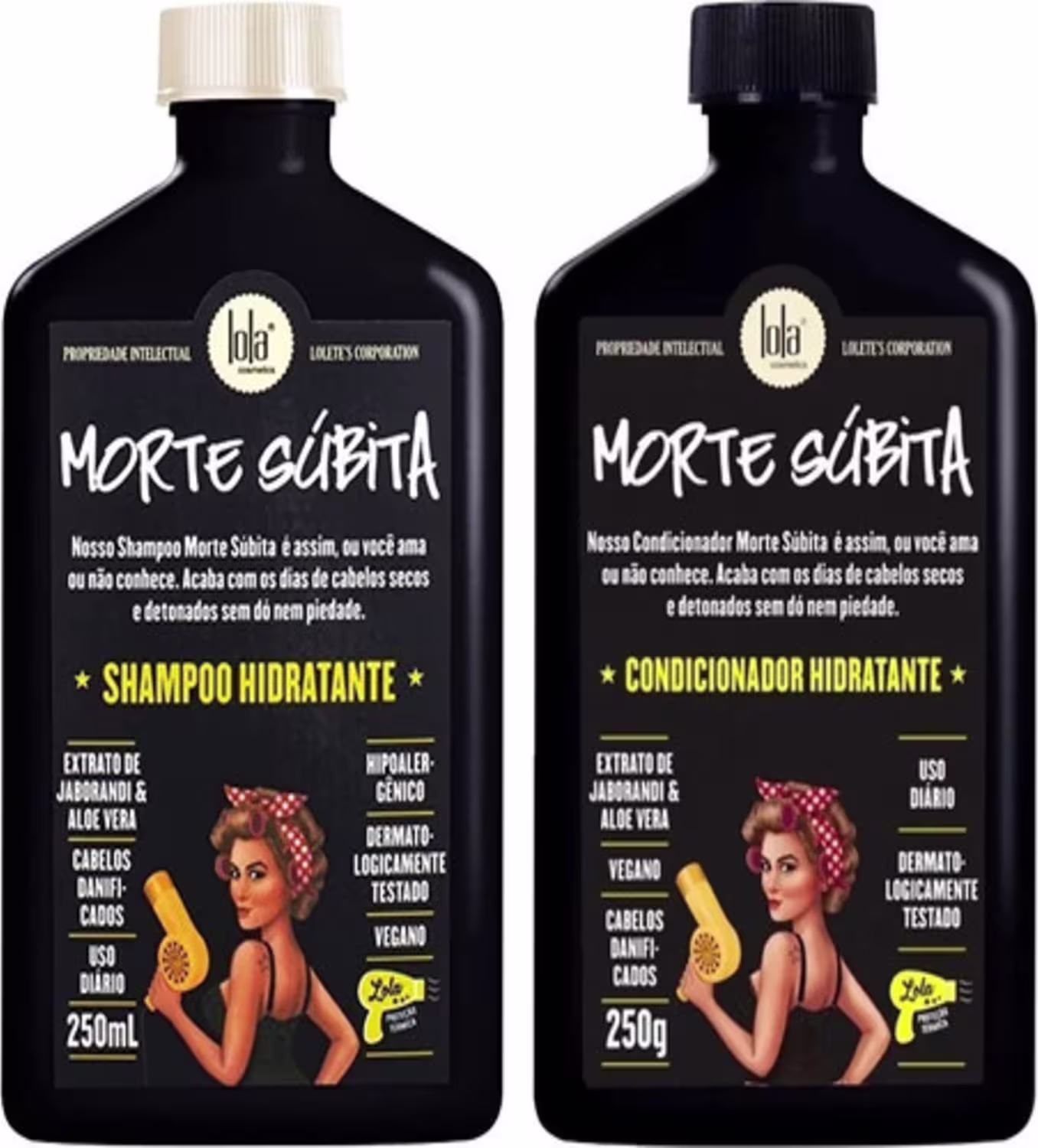 Dois frascos pretos da linha "Morte Súbita" da marca Lola From Rio, contendo shampoo hidratante e condicionador hidratante para cabelos danificados, com rótulos destacando os ingredientes e informações sobre o produto.