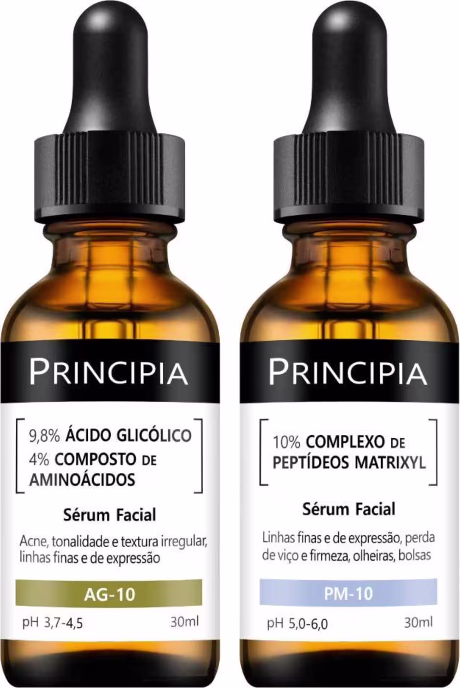 Dois frascos de soro facial da marca Principia, com rótulos pretos e detalhes em laranja. O primeiro é o soro AG-10 com ácido glicólico e aminoácidos, enquanto o segundo é o soro PM-10 com complexo de peptídeos matrixyl, ambos com 30ml.