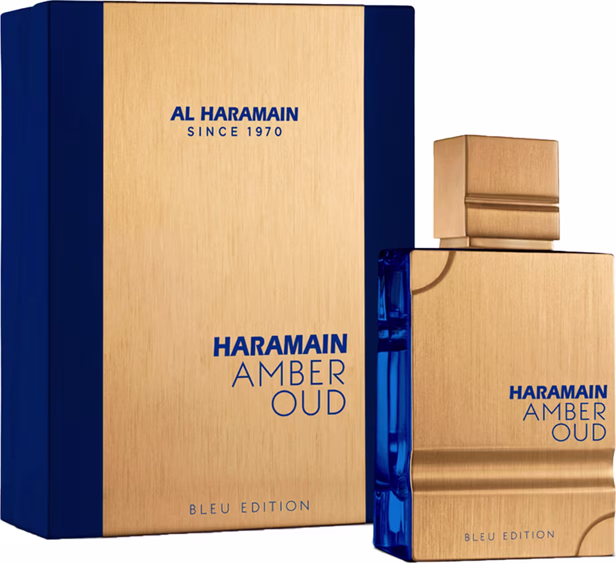 Frasco de perfume Haramain Amber Oud da marca Al Haramain, em embalagem azul e dourada com detalhes em relevo. O produto é apresentado em caixa de papelão azul marinho com texto dourado indicando a marca e a edição "Bleu Edition".