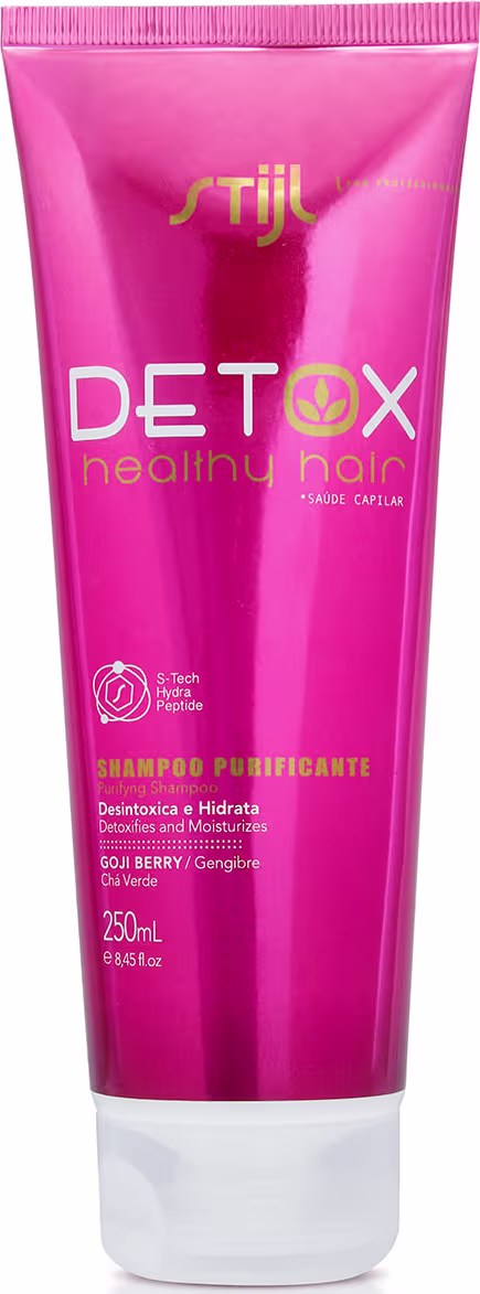 Embalagem plástica rosa vibrante com detalhes em branco. "Shampoo Purificante" em letras grandes. Informações adicionais como ingrediente "Goji Berry", volume de 250ml e instruções de uso.