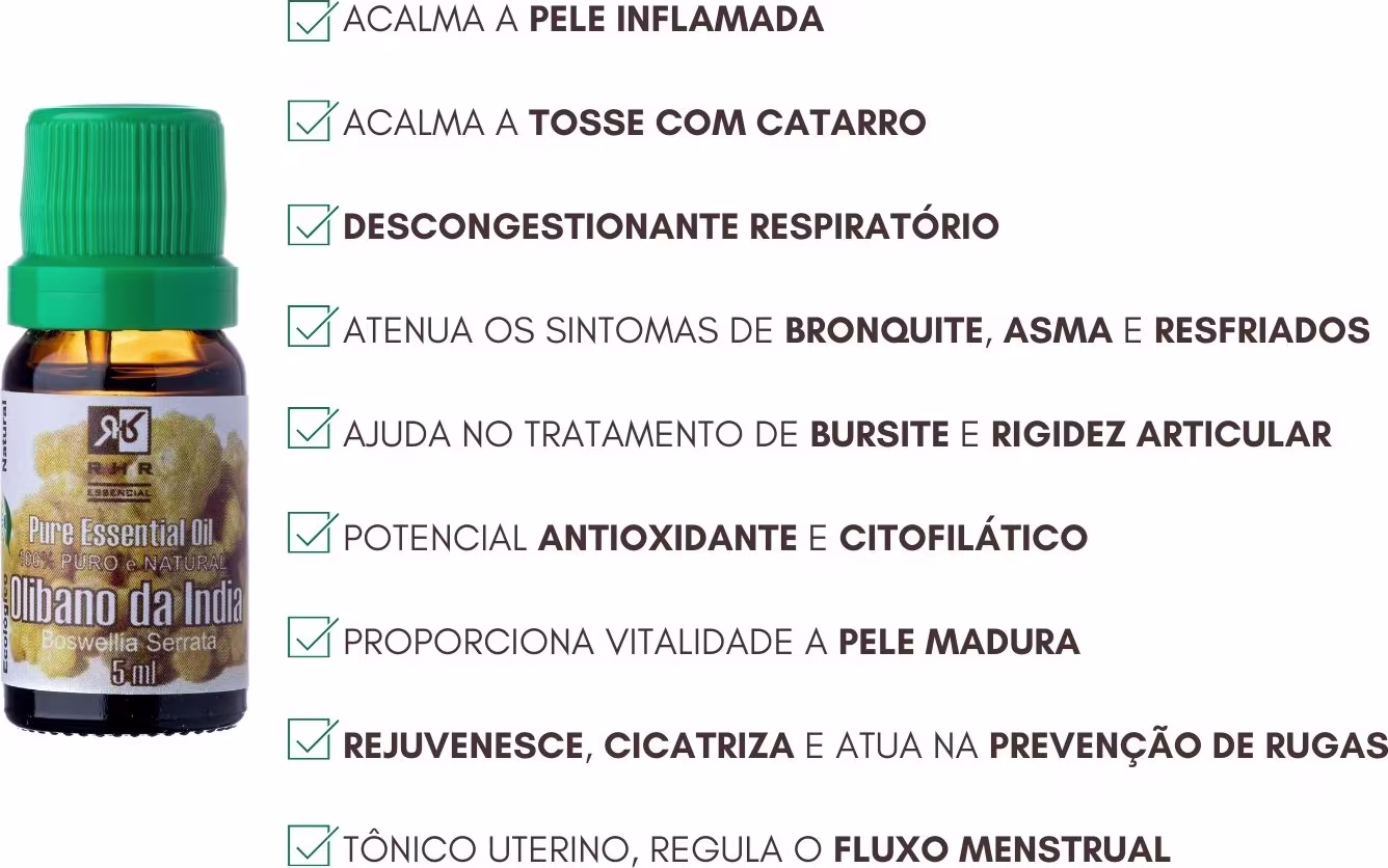 Óleo essencial de Olibano da Índia da RHR Cosméticos com instruções de uso e benefícios.