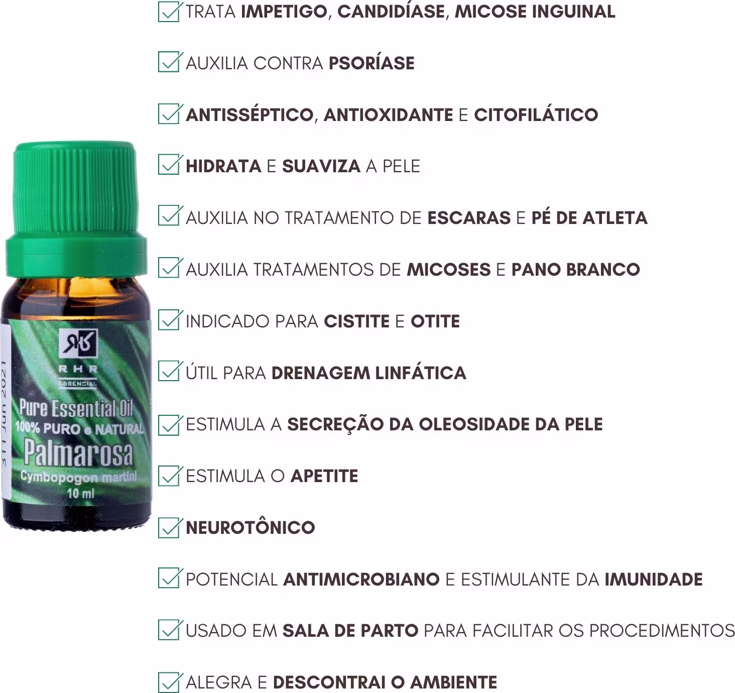 Óleo essencial de Palmarosa da RHR Cosméticos com instruções de uso e benefícios.