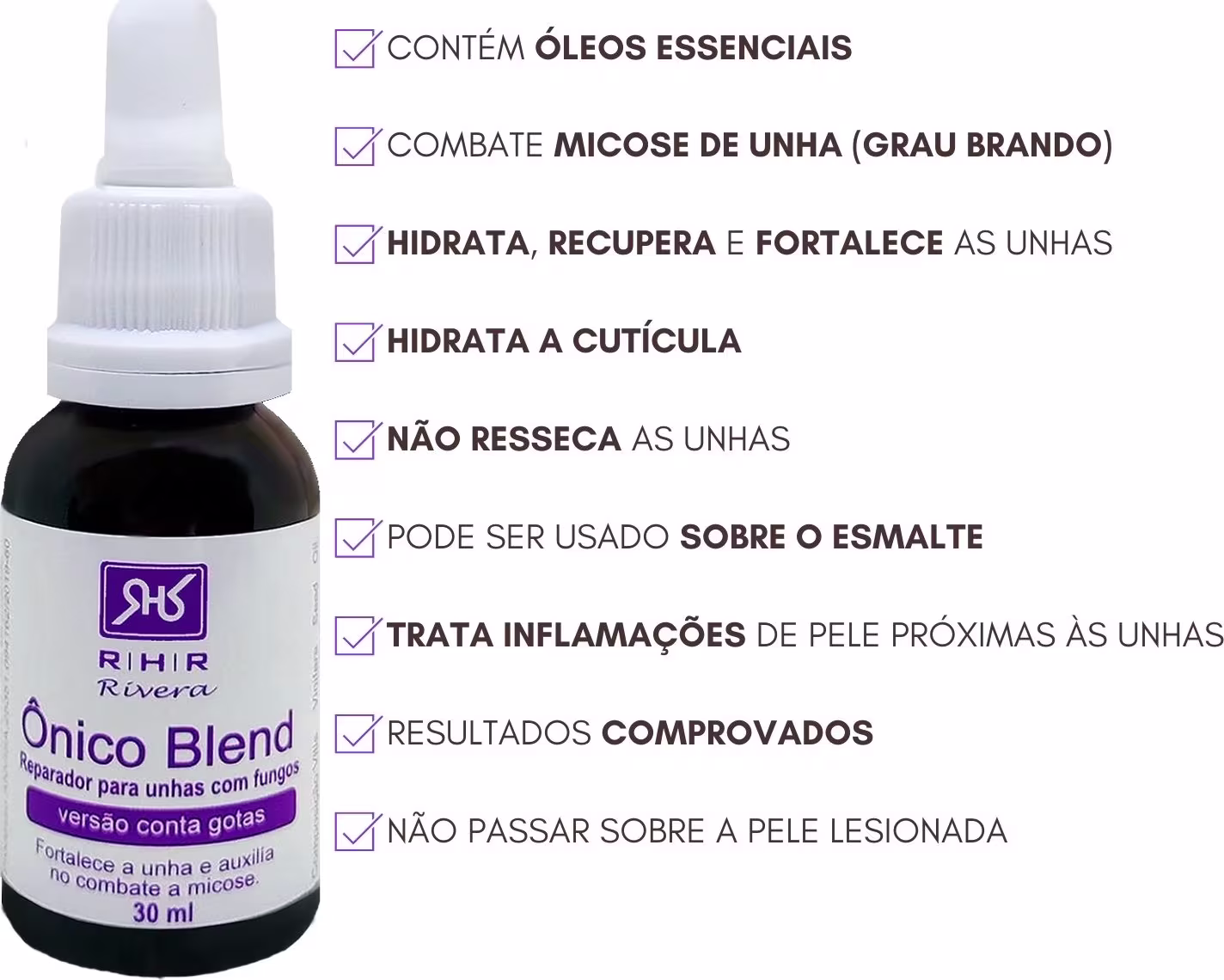 Reparador para Unhas RHR Cosméticos com instruções de uso e benefícios.