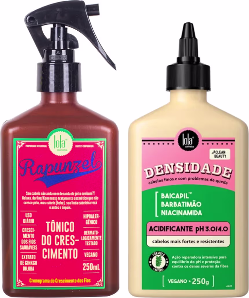 A imagem mostra 2 produtos de Lola From Rio, ambos com frasco retangular, um tônico com tampa em spray e um acidificante com tampa em formato de bico dosador.