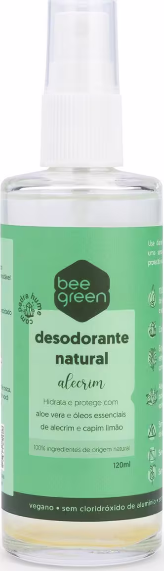 Desodorante natural da marca Bee Green, em uma embalagem de plástico transparente com tampa branca e rótulo verde. O rótulo contém o nome do produto "Desodorante Natural Alecrim" e informações sobre sua composição, que inclui aloe vera e óleos essenciais