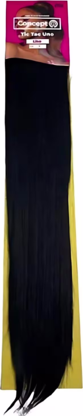 O produto apresentado é uma extensão de cabelo. A extensão é preta e longa, com fios lisos e brilhantes. A embalagem é amarela e preta, com o logotipo da marca claramente visível.