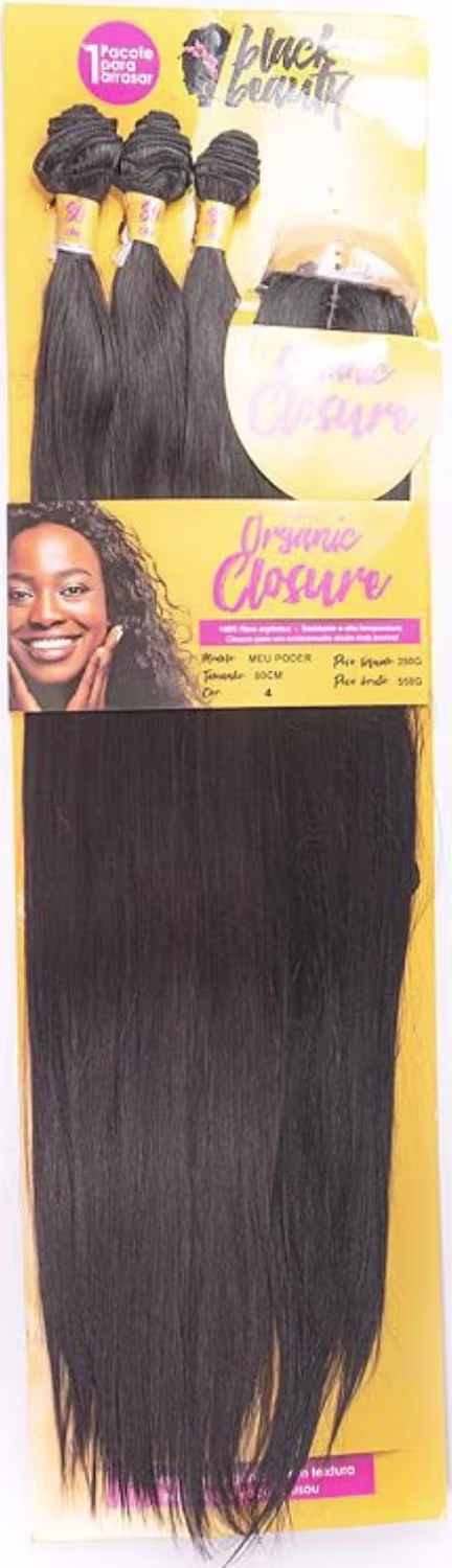 Conjunto de extensões de cabelo da marca Black Beauty. O conjunto contém três pacotes de cabelo preto liso, com a embalagem exibindo uma imagem de uma mulher sorrindo e informações sobre o produto, como "Organic Closure" e os tamanhos disponíveis.