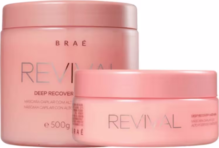 Dois potes de tratamento capilar da marca Braé, na cor rosa, com rótulos indicando "Revival Deep Recovery". Os potes possuem design cilíndrico e tampa rosqueável.
