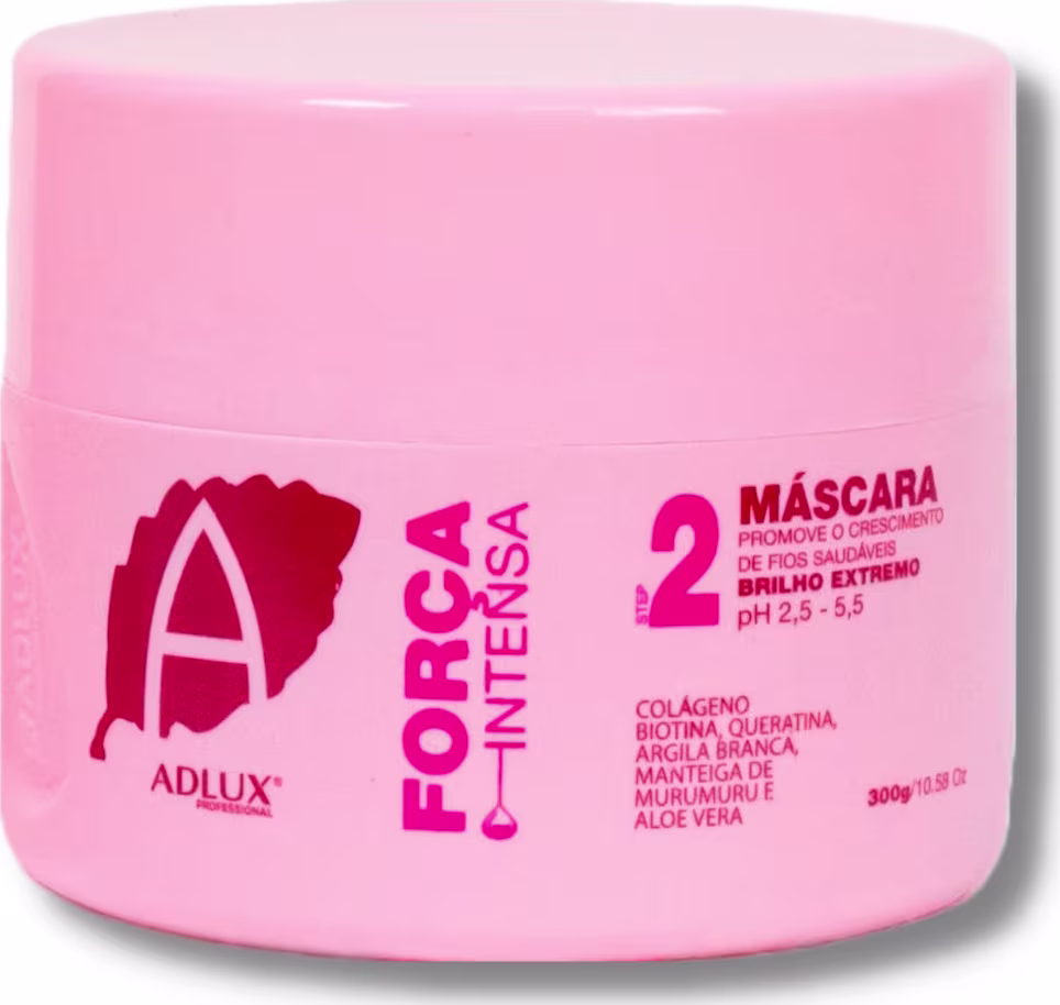 Pote rosa de máscara capilar da marca Adlux Cosméticos. O rótulo indica que se trata de uma máscara para promover o crescimento e brilho dos fios, com pH entre 2,5 e 5,5.