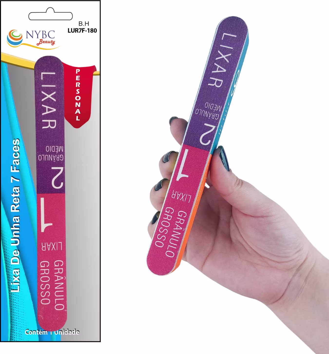 Lixa de unha da marca NYBC Beauty. A lixa possui um design retangular com cores predominantes de roxo e rosa. O rótulo exibe o nome "LIXA" em letras grandes e o texto "GRANULO GROSSO" abaixo. A embalagem também contém informações sobre a marca NYBC Beauty