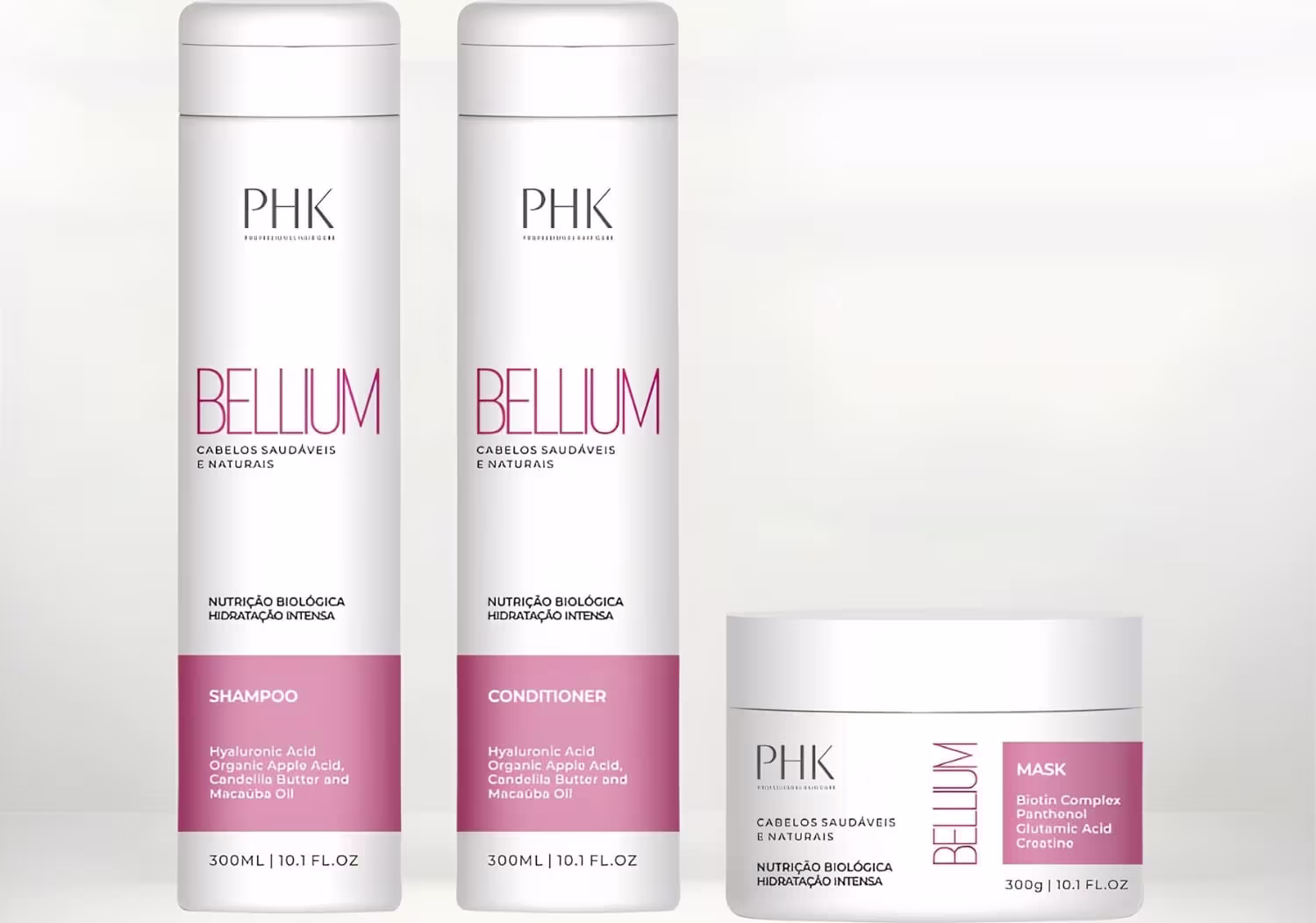 Kit com shampoo, condicionador e máscara Bellium, da marca PHK Professional Hair.