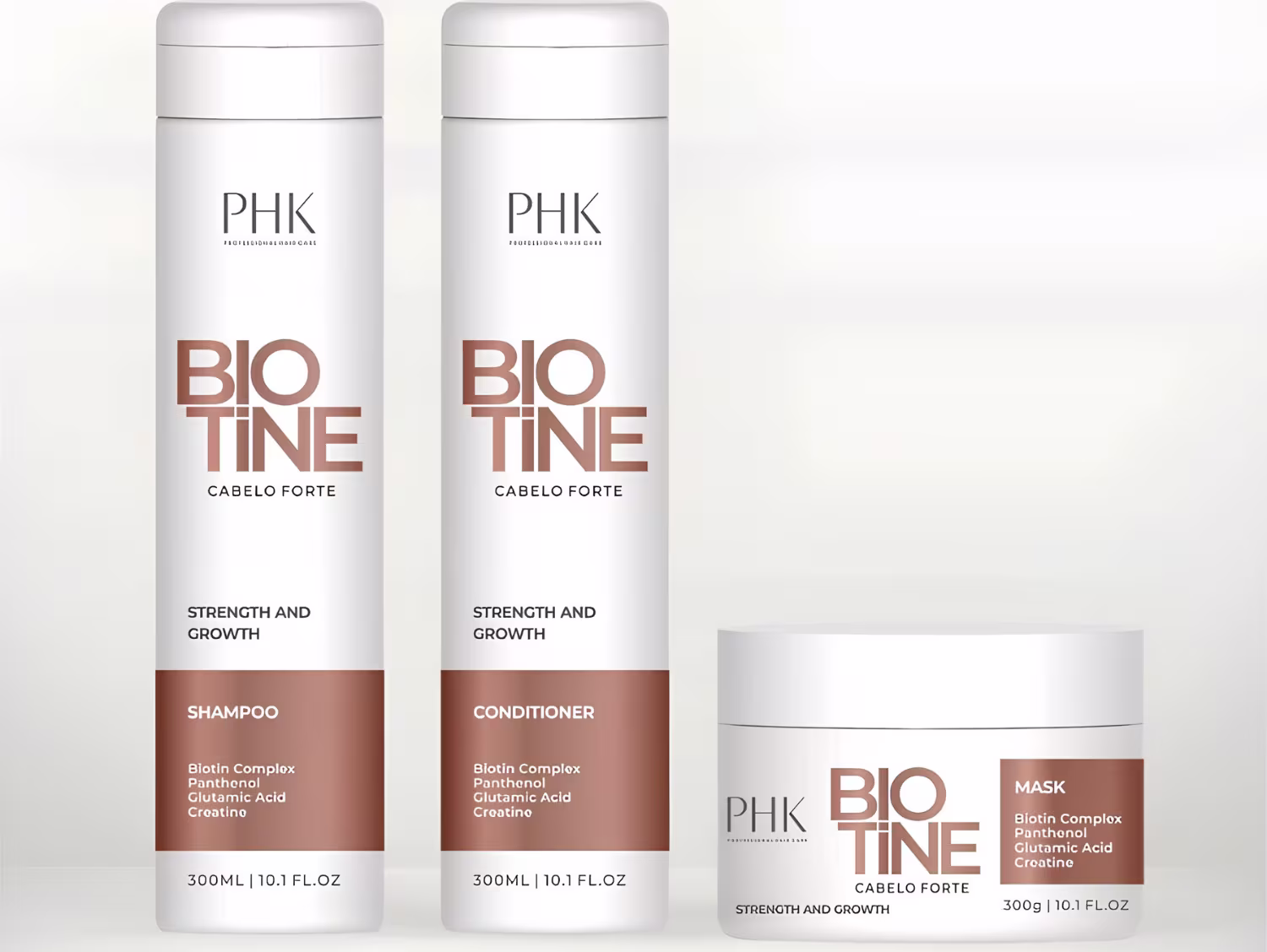 Kit com shampoo, condicionador e máscara Biotine, da marca PHK Professional Hair.