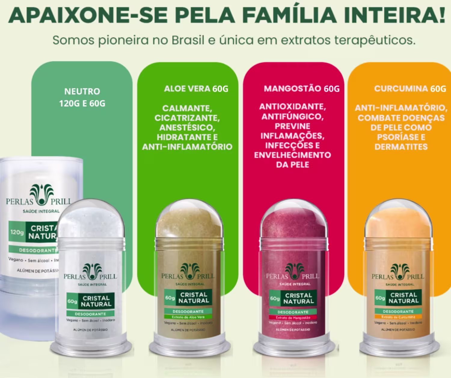 Desodorante em Bastão Perlas Prill Cristal Natural Curcumina, 60g.