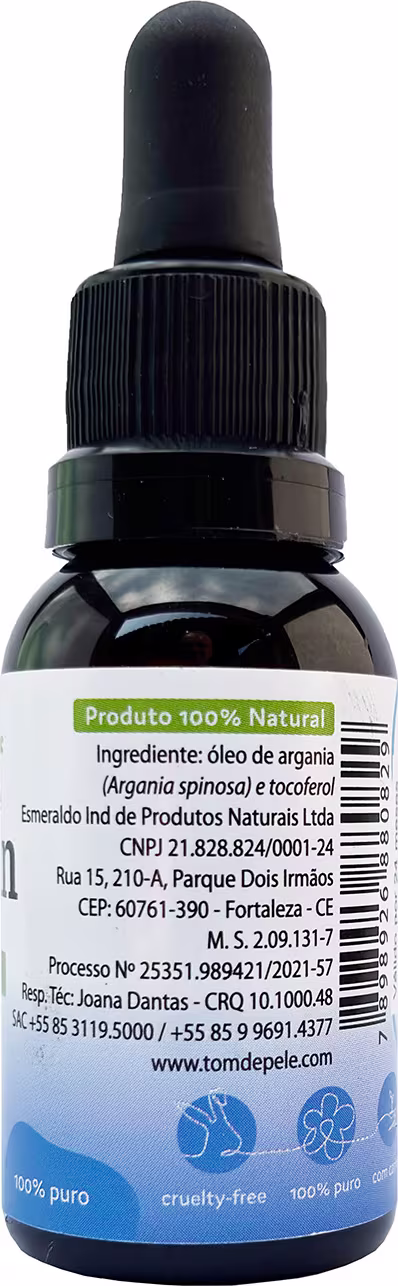 Rótulo com informações gerais do  Óleo de Argan Tom de Pele