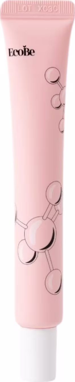 Tubo de creme rosa da marca EcoBe, com detalhes gráficos em tons de rosa. O produto possui uma tampa e uma embalagem cilíndrica com o nome da marca visível.